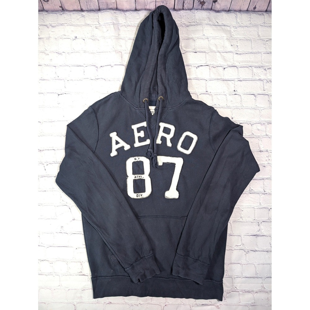 Aeropostale Hoodie Mens Medium Navy Blue Y2K AERO 87 Applique Pullover Hoodie
